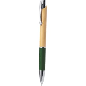 A wooden pen with a bamboo barrel, green grip, and silver accents, featuring a logo on the barrel.