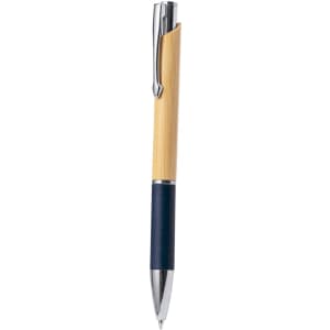 A wooden pen with a bamboo barrel and a navy blue grip, featuring a silver clip and accents.