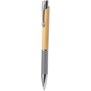 A wooden pen with a bamboo barrel, a grey grip, and a shiny silver clip. It features a logo on the barrel.