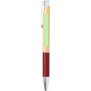 A wooden pen with a natural wood body, red base, and a clear plastic clip, featuring a logo.