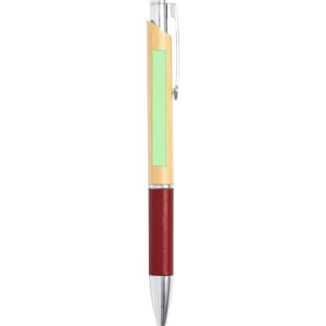 A wooden pen with a bamboo shaft, red textured grip, and a silver clip. It features a logo on its body.