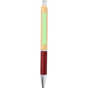A wooden pen with a bamboo shaft, red leather grip, and a clear top section. It features a branding logo.