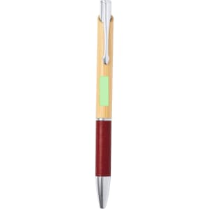 A wooden pen featuring a bamboo body, red leather grip, and a silver clip, with a logo on the barrel.