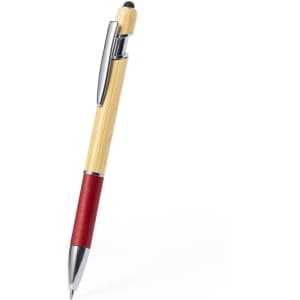 A bamboo and red stylus touch ball pen with a chrome clip and tip, featuring a logo on the body.