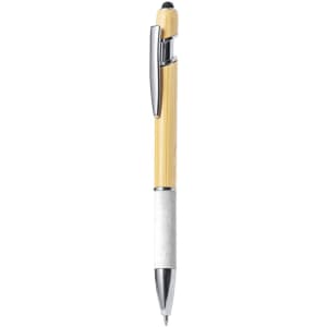 A stylus touch ball pen featuring a yellow barrel, silver accents, and a chrome clip. It has a logo on the surface.