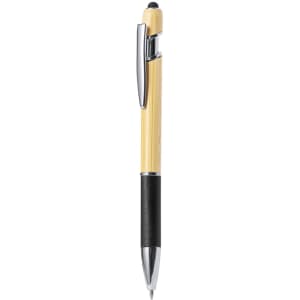 A stylus touch ball pen with a yellow body and black grip, featuring a silver clip and tip.