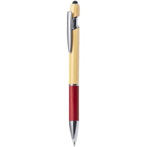 A stylus touch ball pen featuring a yellow barrel and a red grip, with a silver clip and detailing.