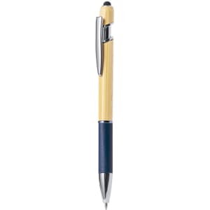 A yellow and navy blue stylus touch ball pen with a silver clip and a small stylus tip on the end.