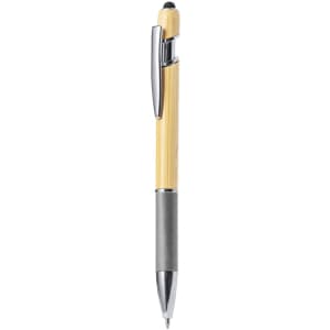 A stylus touch ball pen with a wooden barrel and grey metallic accents. It features a clip and a branding logo.