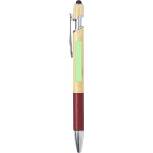 A bamboo and maroon stylus touch ball pen with a silver clip and an area for branding.