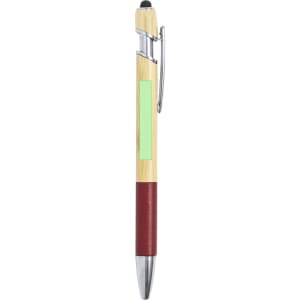 A bamboo stylus touch ball pen with a maroon grip and a silver clip, featuring a logo.
