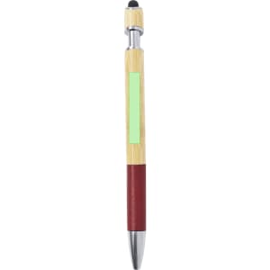 A bamboo and red stylus touch ball pen with a black tip and a green accent area. Features a branding logo.