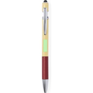 A bamboo stylus touch ball pen with a maroon grip and a shiny silver tip. The pen features a logo.