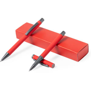 A metal pen set in red with a matching box, featuring two pens and a sleek design.