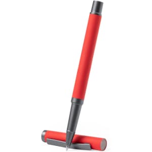 A red metal pen with a sleek design, featuring a matching base for storage. The pen has a logo on its side.