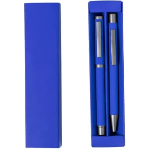 A blue pen set featuring a ballpoint and rollerball pen, packaged in a matching blue box.