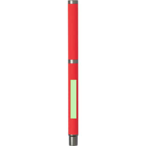 A metal pen in vibrant red with silver accents and a green section, featuring branding on the surface.