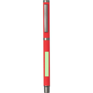 A red metal pen featuring a silver clip and a green accent. The pen has a sleek, modern design.