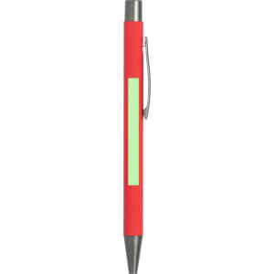 A red metal pen with a silver clip and an area for branding.