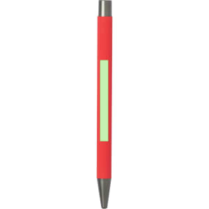 A metal pen featuring a bright red body with a mint green stripe and a silver tip. It includes a branding logo.