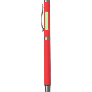 A metal pen in vibrant red, featuring a clip and a branding area.