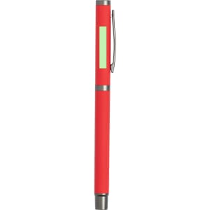 A red metal pen featuring a silver clip and a logo on the barrel.