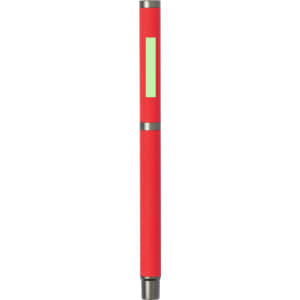 A metal pen in red with a green section and silver accents, featuring a branding logo.