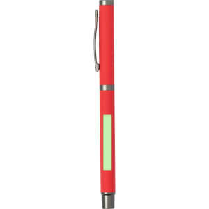 A metal pen in bright red with silver accents and a green section, featuring a logo.