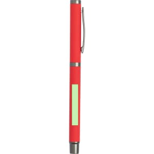 A red metal pen with a silver clip and a green accent area. The pen features a sleek design with a shiny finish.