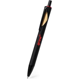A black wooden pen with a sleek design and a logo on the side. It features a comfortable grip for writing.