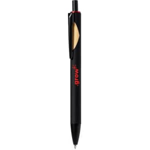 A wooden pen in black with a gold clip, featuring a logo on the barrel.