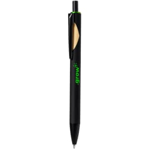 A wooden pen in black with a green accent and a logo. The design features a smooth finish and a clip.