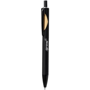 A black wooden pen with a yellow accent and a clip, featuring a branding logo.