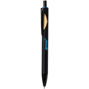 A black wooden pen with a blue clip and branding on the side.
