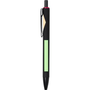 A wooden pen featuring a black body with a green section and a clip. It has a sleek design with a clickable top.