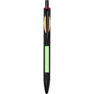 A wooden pen with a glossy black exterior, green accents, and a red top, featuring a logo.