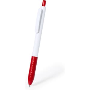 A plastic pen with a white barrel and red accents, featuring a clip and a round tip for writing.