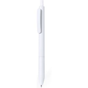 A white plastic pen with a textured grip and a clip, featuring a logo on its side.