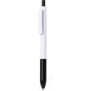 A plastic pen featuring a white barrel and a black grip and tip, designed for writing. It has a clip and branding.