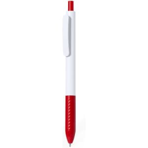 A plastic pen featuring a white barrel and a red grip and clip. The pen has a logo on it.