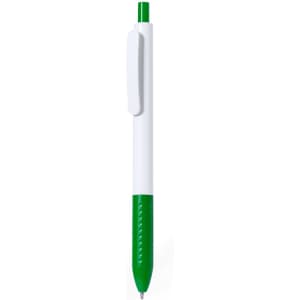 A green and white plastic pen featuring a clip and textured grip. It has a branding logo on the side.
