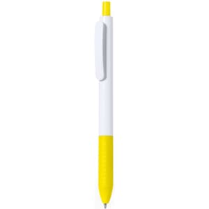 A plastic pen with a white barrel and a yellow grip and click mechanism. It features a clip and has branding.