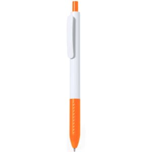 A plastic pen featuring a white body and an orange tip, complete with a clip and a branding logo.