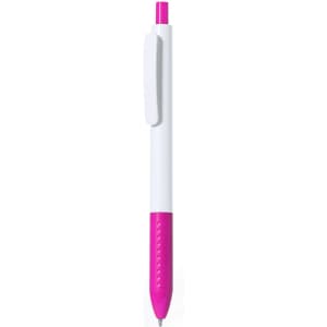 A plastic pen with a white body and a bright pink grip and click top, featuring a logo.