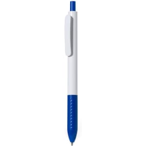 A plastic pen featuring a white barrel and blue accents, complete with a clip and a branding logo.