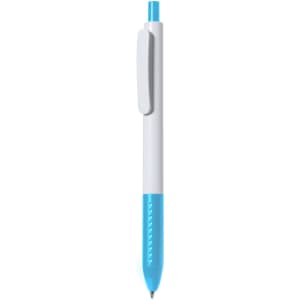 A plastic pen featuring a white body with a blue lower section and blue ink, complete with a clip and a branding logo.