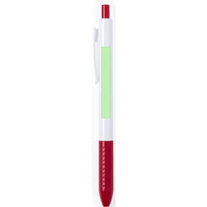 A plastic pen featuring a white body and red accents, with a designated area for branding or customisation.