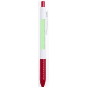 A plastic pen featuring a white barrel, red clip and tip, with a green blank section for branding.