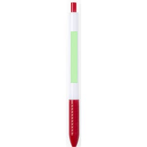 A plastic pen featuring a white barrel, red cap, and red tip, with a green section for branding.