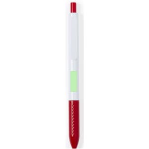 A red and white plastic pen with a clip and a green panel. It features a branding logo.